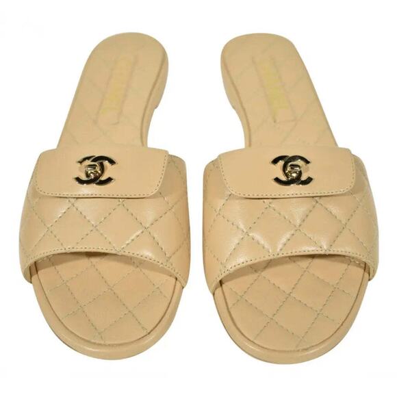Chanel REV Beige Turnlock Quilted Gold CC Logo Mules Slide Sandal Flop Flat 36 - Picture 1 of 12